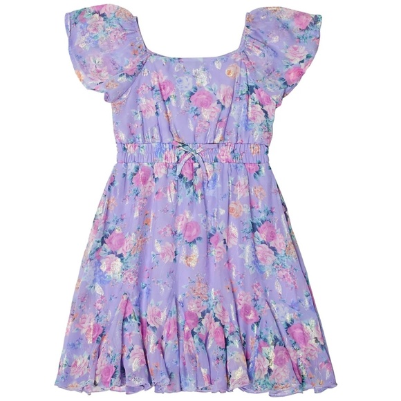 NWT Trixxi Girl Flutter Sleeve Purple Floral Shimmer Godet Dress Size XL - Picture 1 of 8